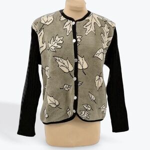 Tally-Ho‎ Womens Cardigan Sweater Black Ribbed Sleeve Leaf Print Button Front